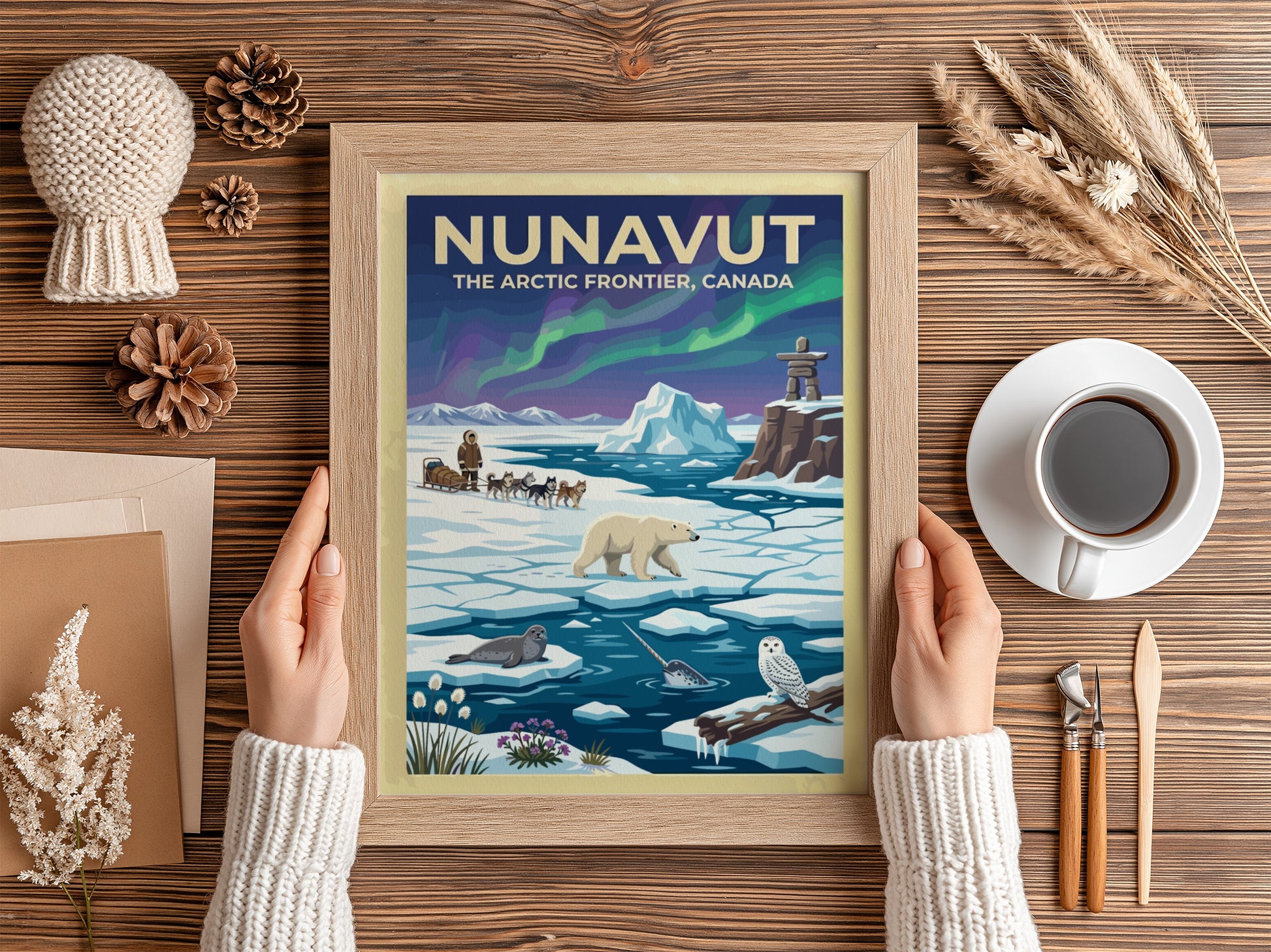 Travel poster featuring Nunavut with a dog sled, polar bear, narwhal, and northern lights.