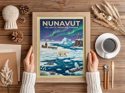 Travel poster featuring Nunavut with a dog sled, polar bear, narwhal, and northern lights.