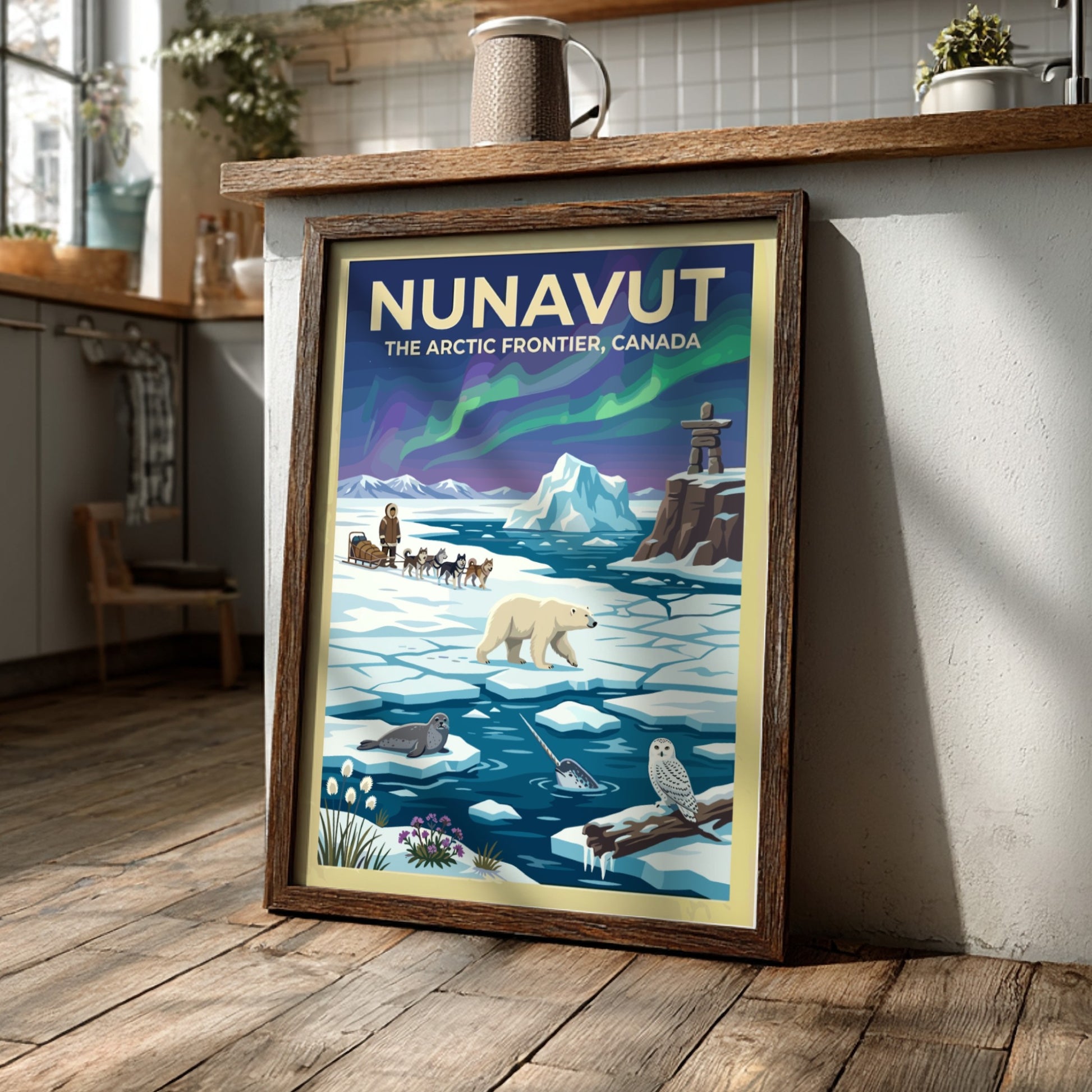 Travel poster featuring Nunavut with a dog sled, polar bear, narwhal, and northern lights.