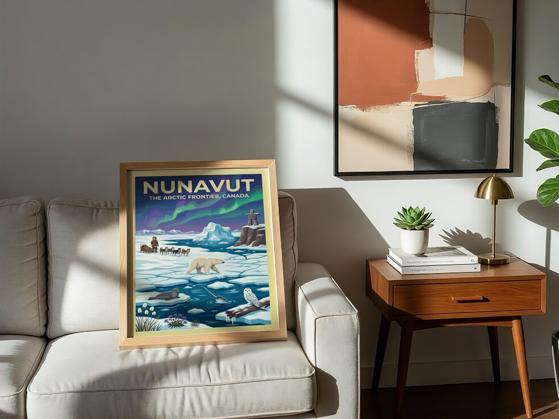 Travel poster featuring Nunavut with a dog sled, polar bear, narwhal, and northern lights.