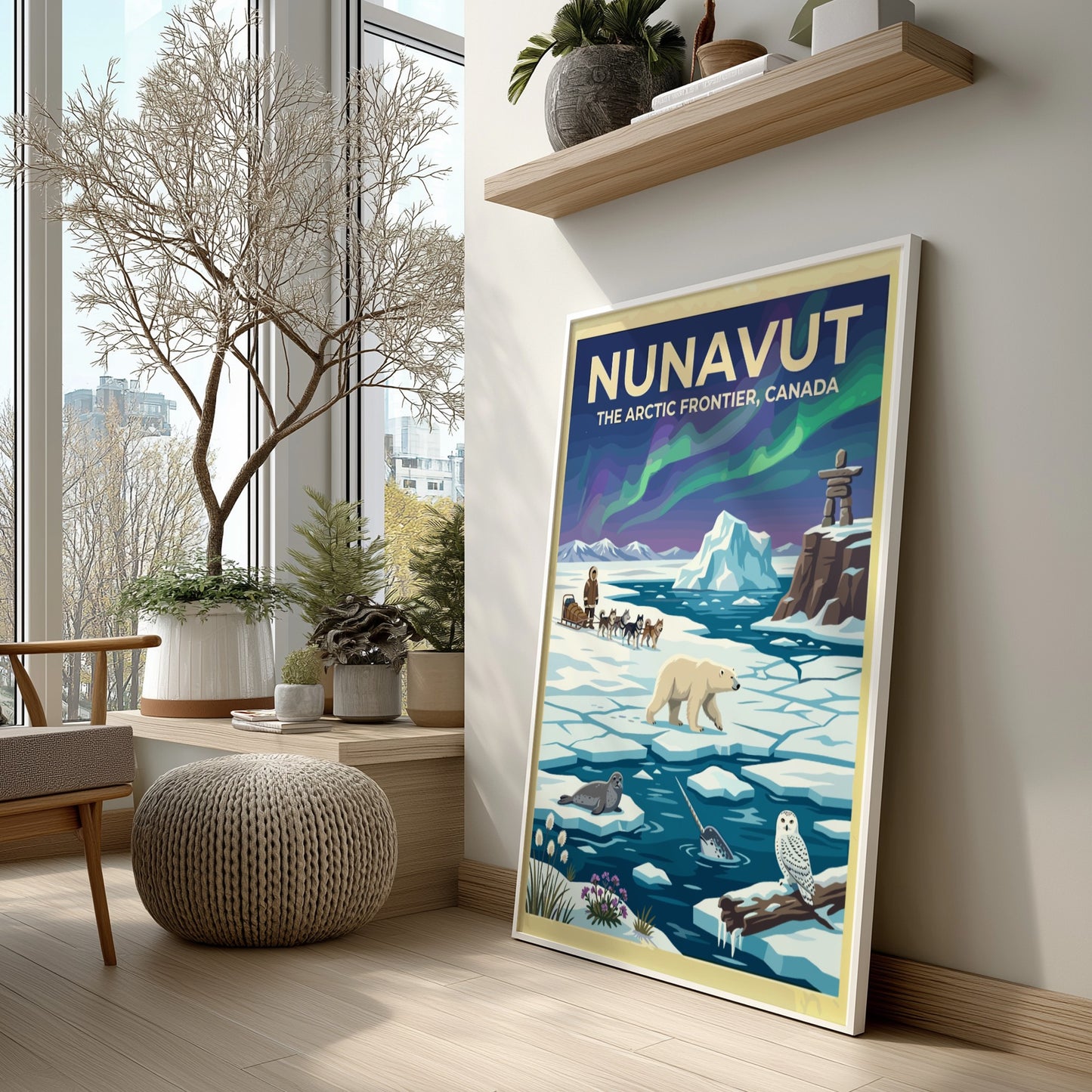 Travel poster featuring Nunavut with a dog sled, polar bear, narwhal, and northern lights.