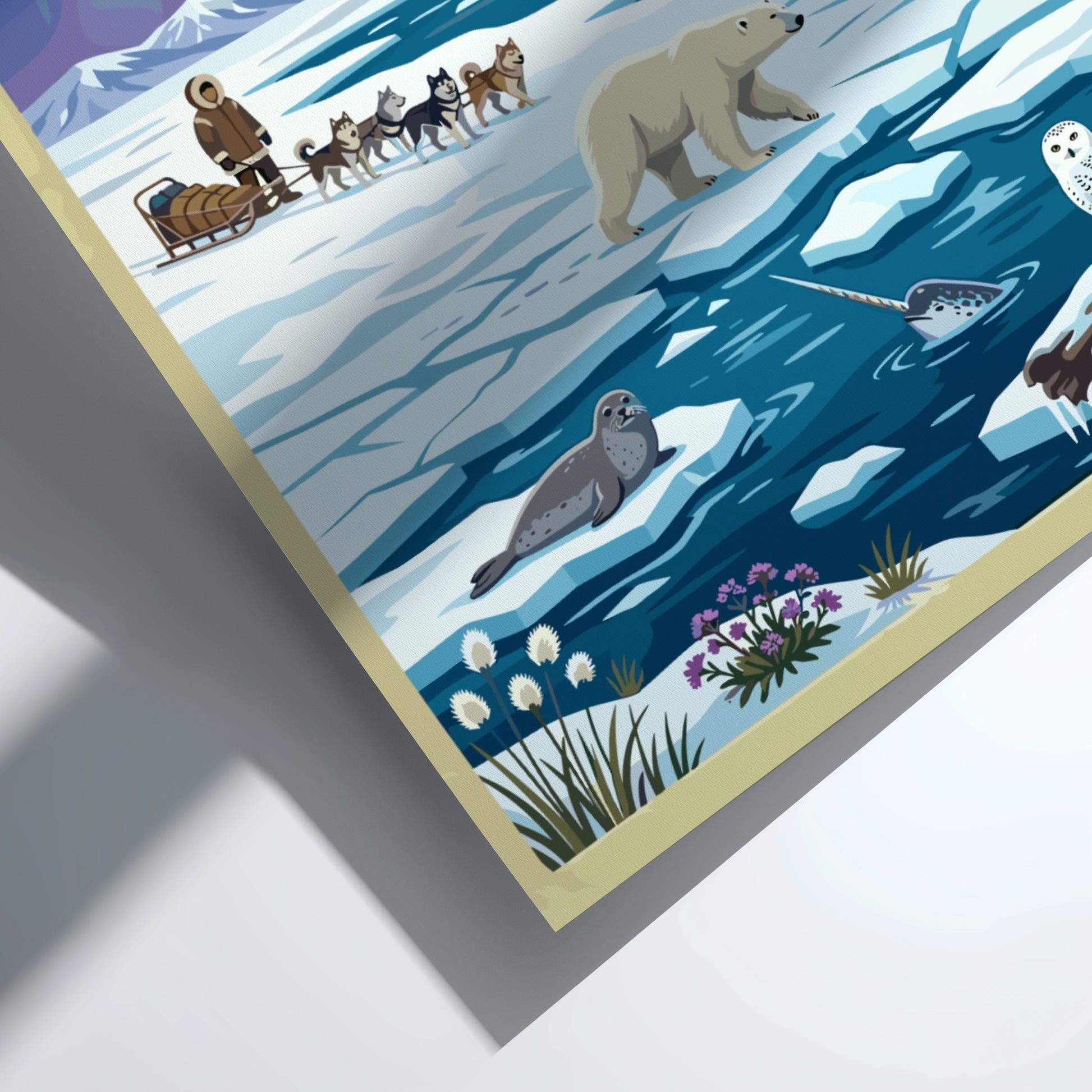 Travel poster featuring Nunavut with a dog sled, polar bear, narwhal, and northern lights.