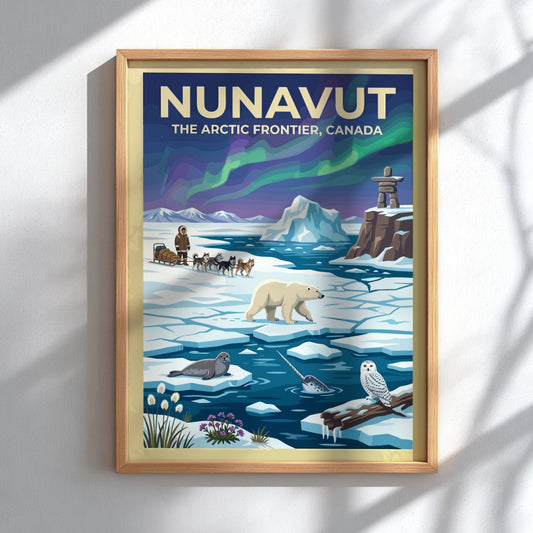 Travel poster featuring Nunavut with a dog sled, polar bear, narwhal, and northern lights.