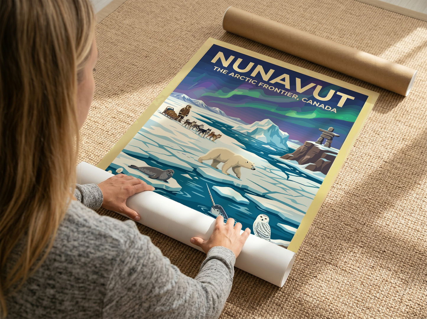 Travel poster featuring Nunavut with a dog sled, polar bear, narwhal, and northern lights.
