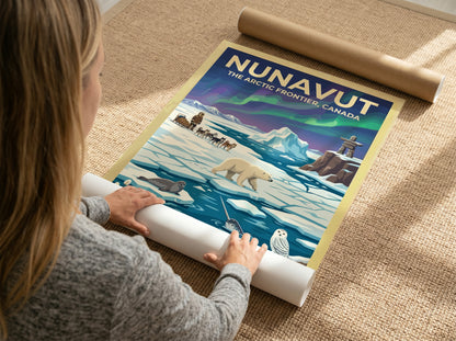 Travel poster featuring Nunavut with a dog sled, polar bear, narwhal, and northern lights.