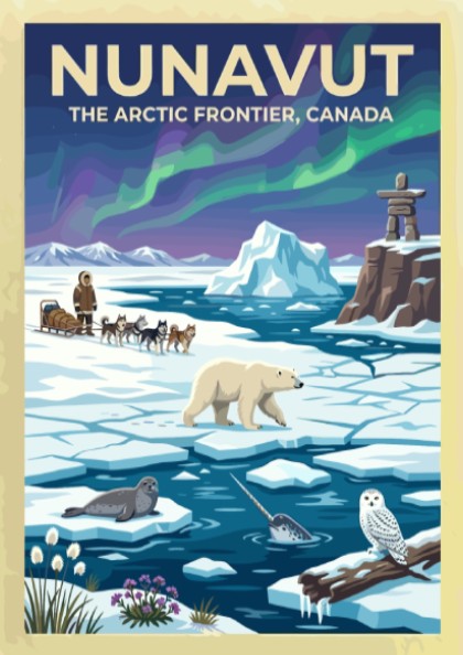 Travel poster featuring Nunavut with a dog sled, polar bear, narwhal, and northern lights.