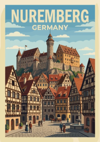 Poster of Nuremberg Germany featuring a medieval castle overlooking traditional half-timbered houses and