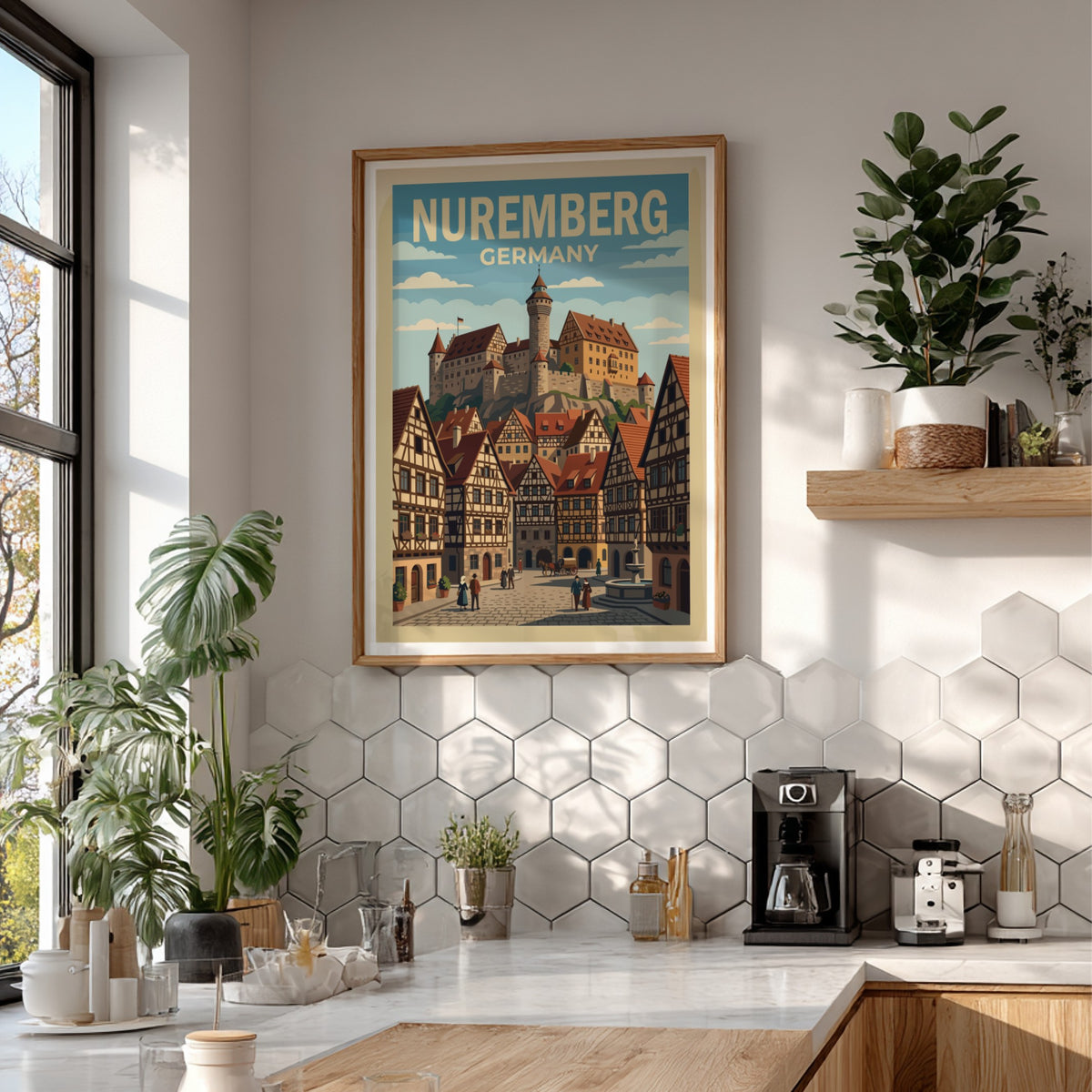 Poster of Nuremberg Germany featuring a medieval castle overlooking traditional half-timbered houses and
