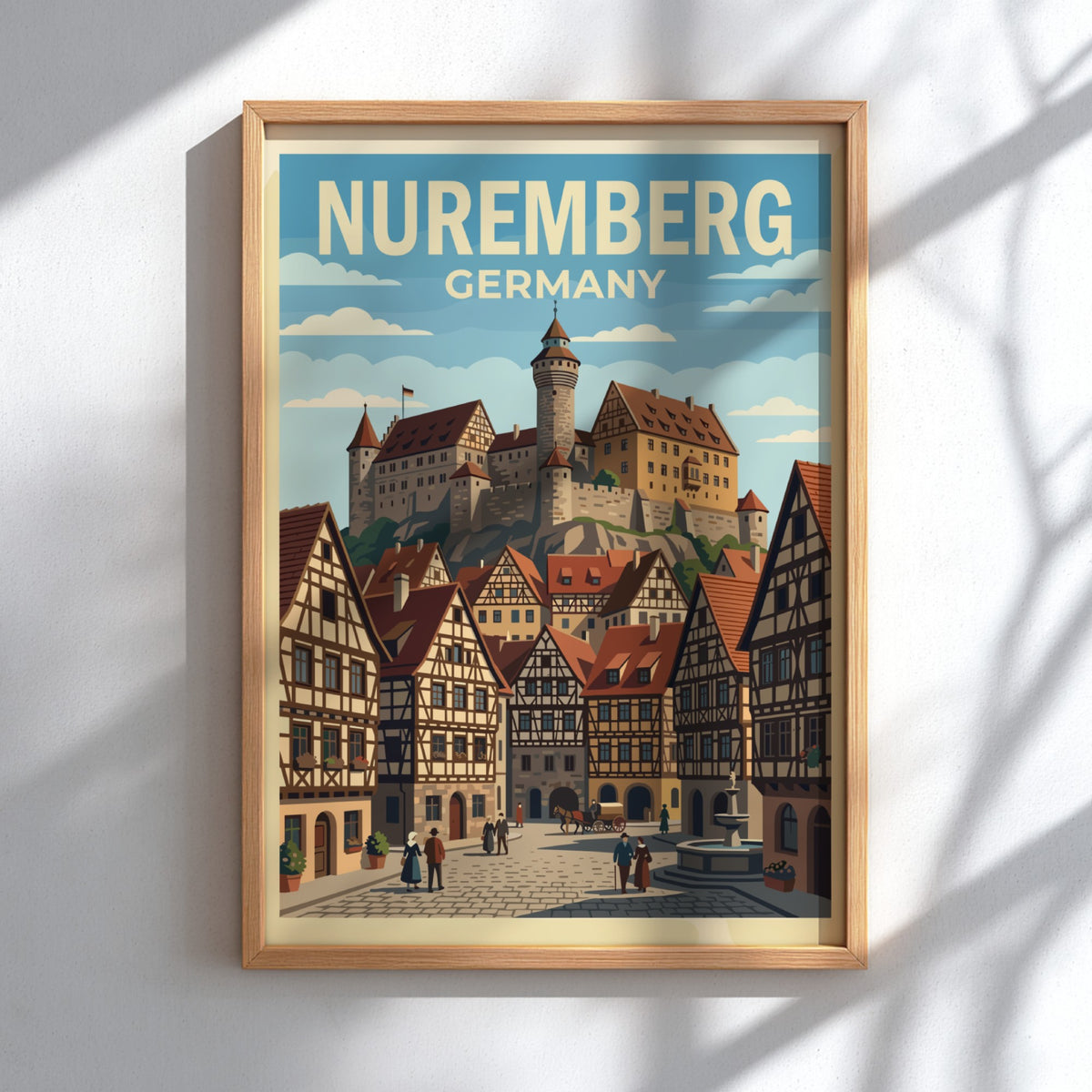Poster of Nuremberg Germany featuring a medieval castle overlooking traditional half-timbered houses and