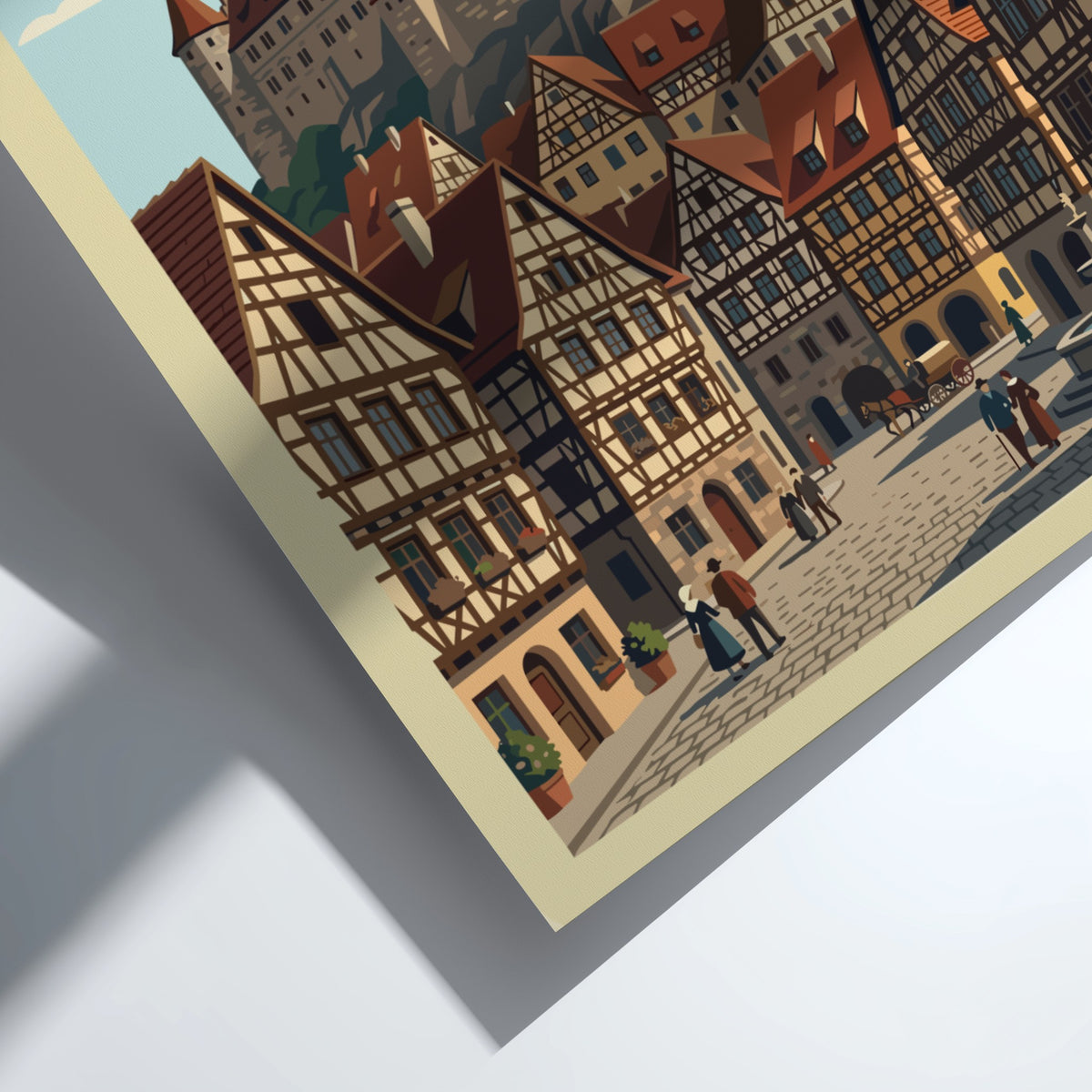 Poster of Nuremberg Germany featuring a medieval castle overlooking traditional half-timbered houses and
