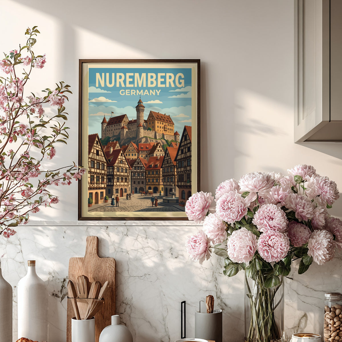 Poster of Nuremberg Germany featuring a medieval castle overlooking traditional half-timbered houses and
