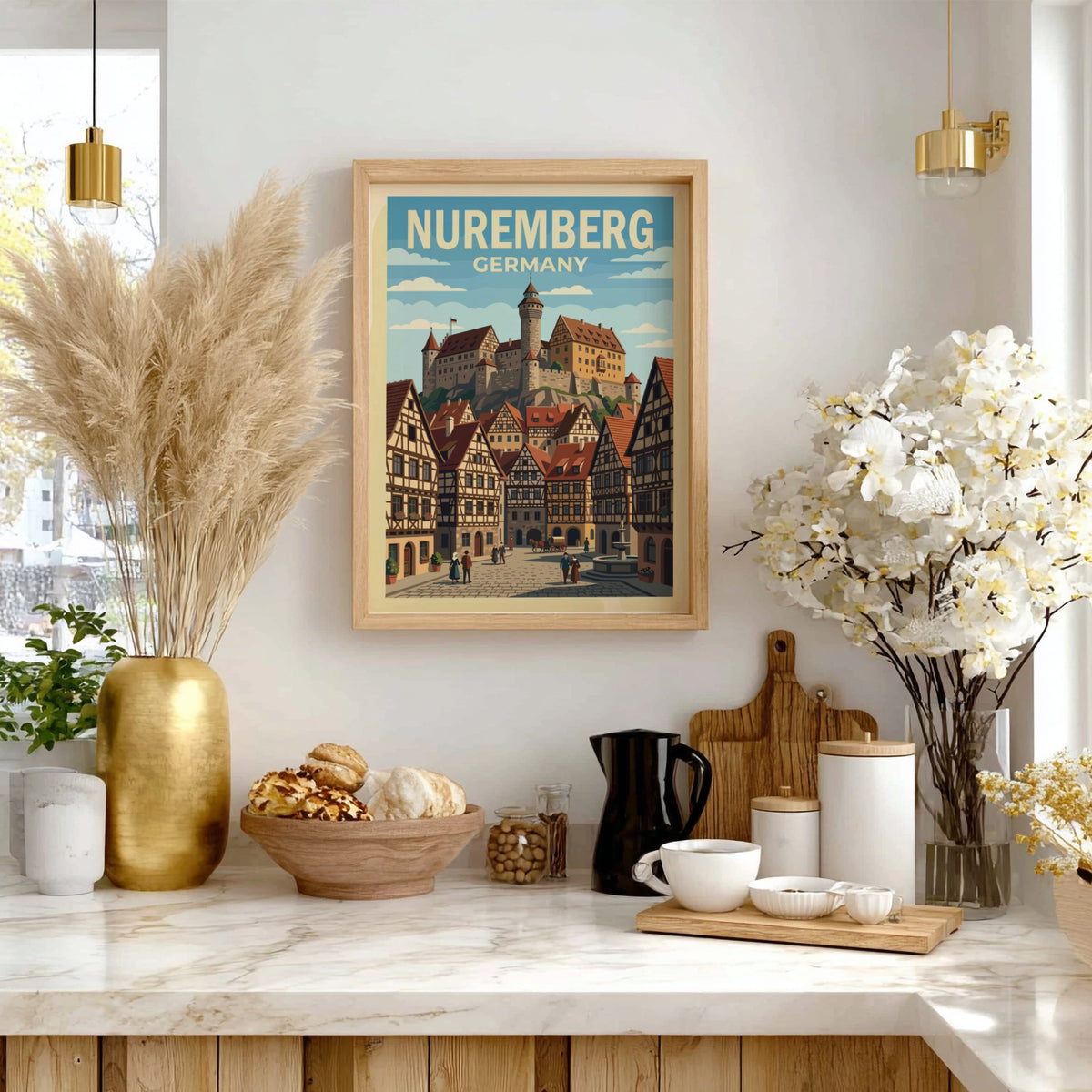 Poster of Nuremberg Germany featuring a medieval castle overlooking traditional half-timbered houses and