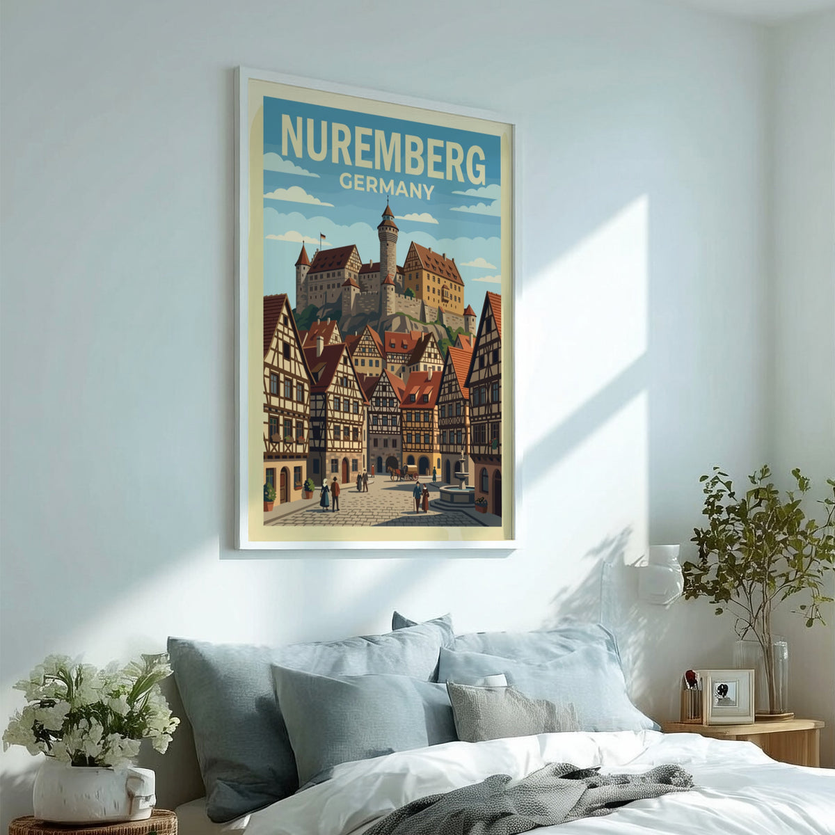 Poster of Nuremberg Germany featuring a medieval castle overlooking traditional half-timbered houses and
