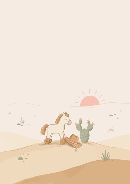 Poster featuring a toy horse and cowboy hat in a soft desert landscape.