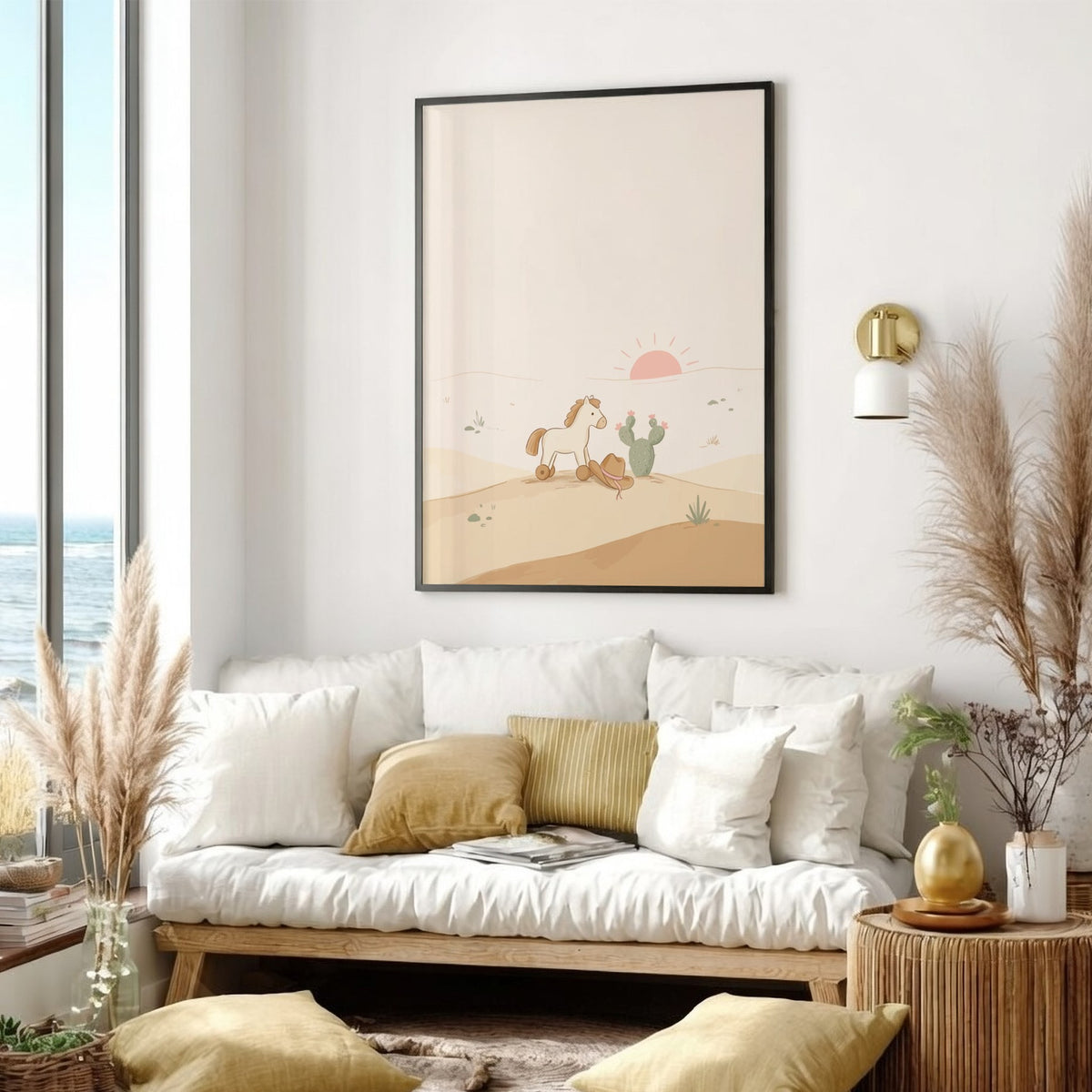 Poster featuring a toy horse and cowboy hat in a soft desert landscape.