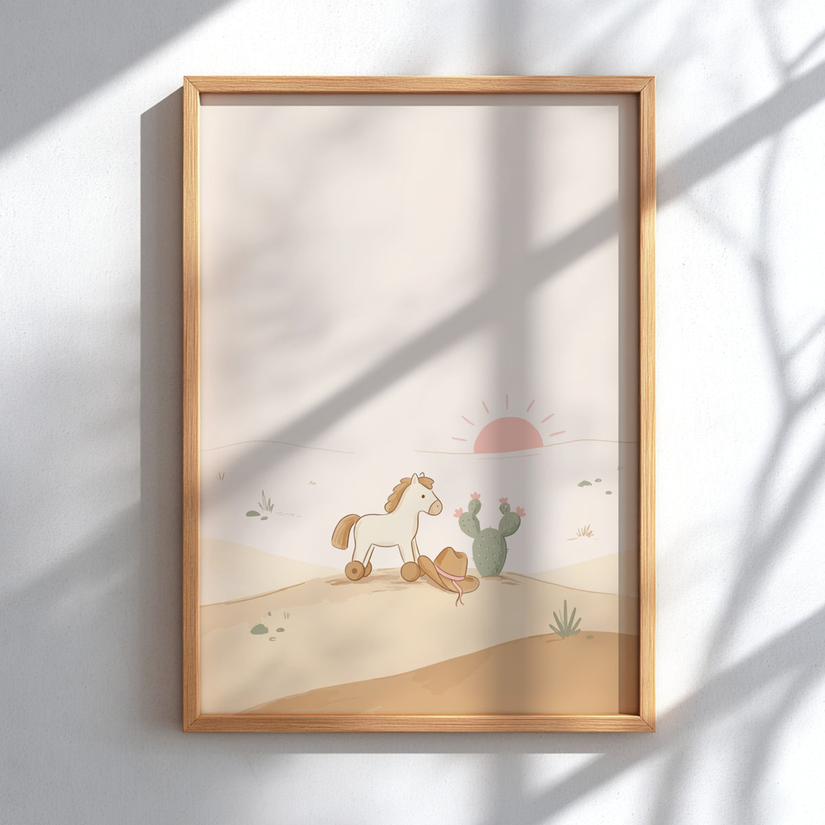 Poster featuring a toy horse and cowboy hat in a soft desert landscape.
