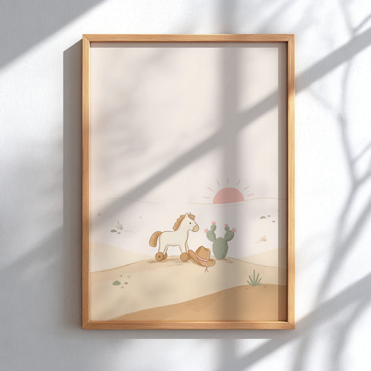 Poster featuring a toy horse and cowboy hat in a soft desert landscape.