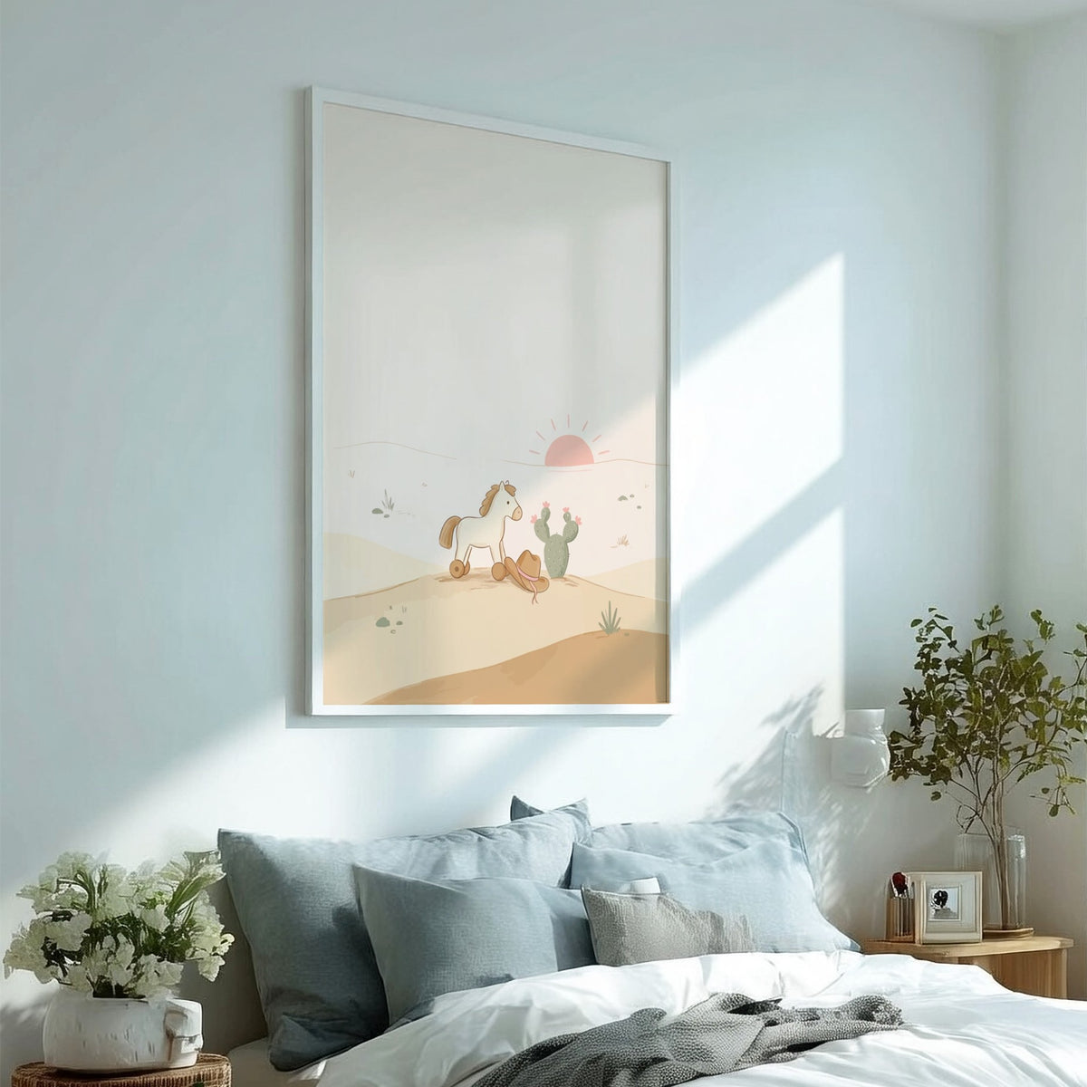 Poster featuring a toy horse and cowboy hat in a soft desert landscape.