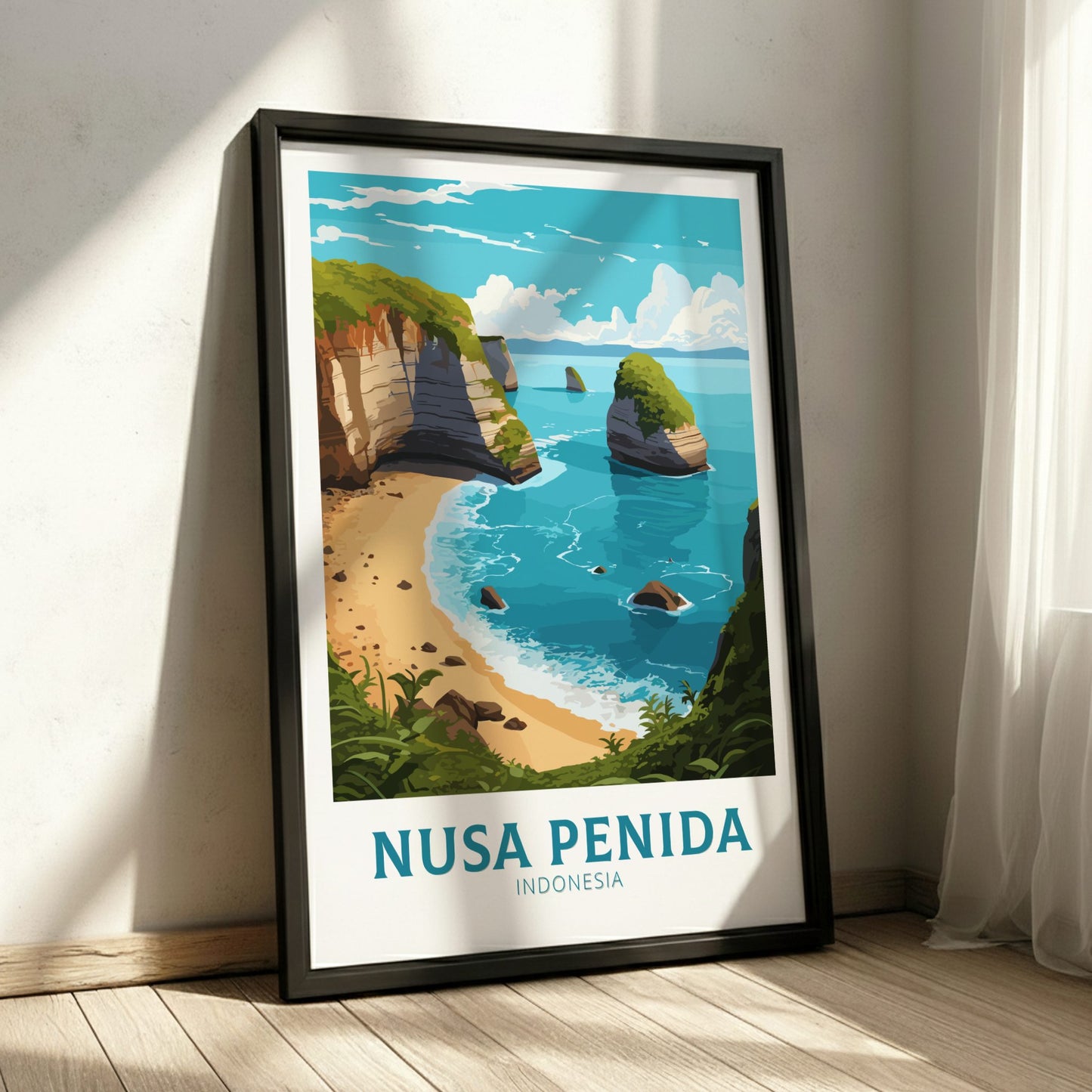 Framed poster of Nusa Penida, Indonesia with a scenic beach and cliffs.