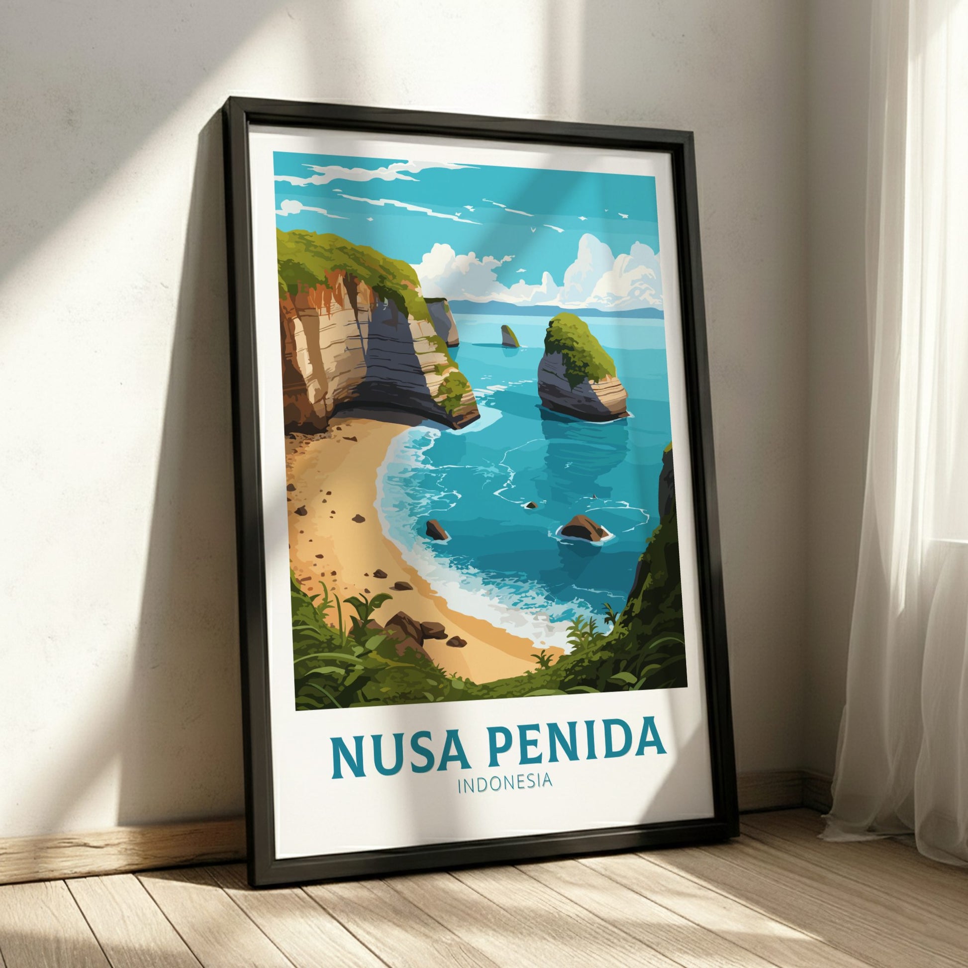 Framed poster of Nusa Penida, Indonesia with a scenic beach and cliffs.
