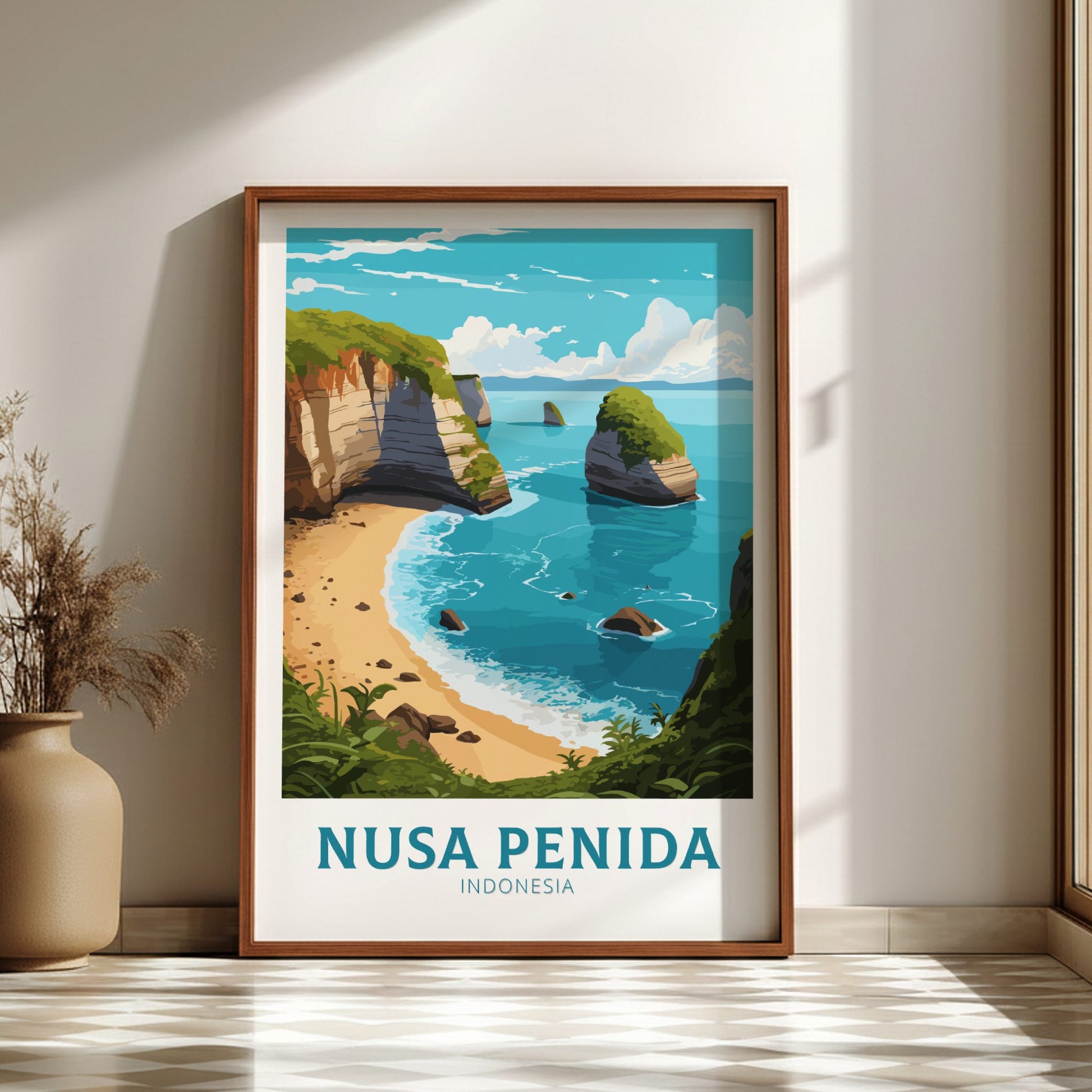Framed artwork of Nusa Penida, Indonesia with a scenic beach and ocean view.