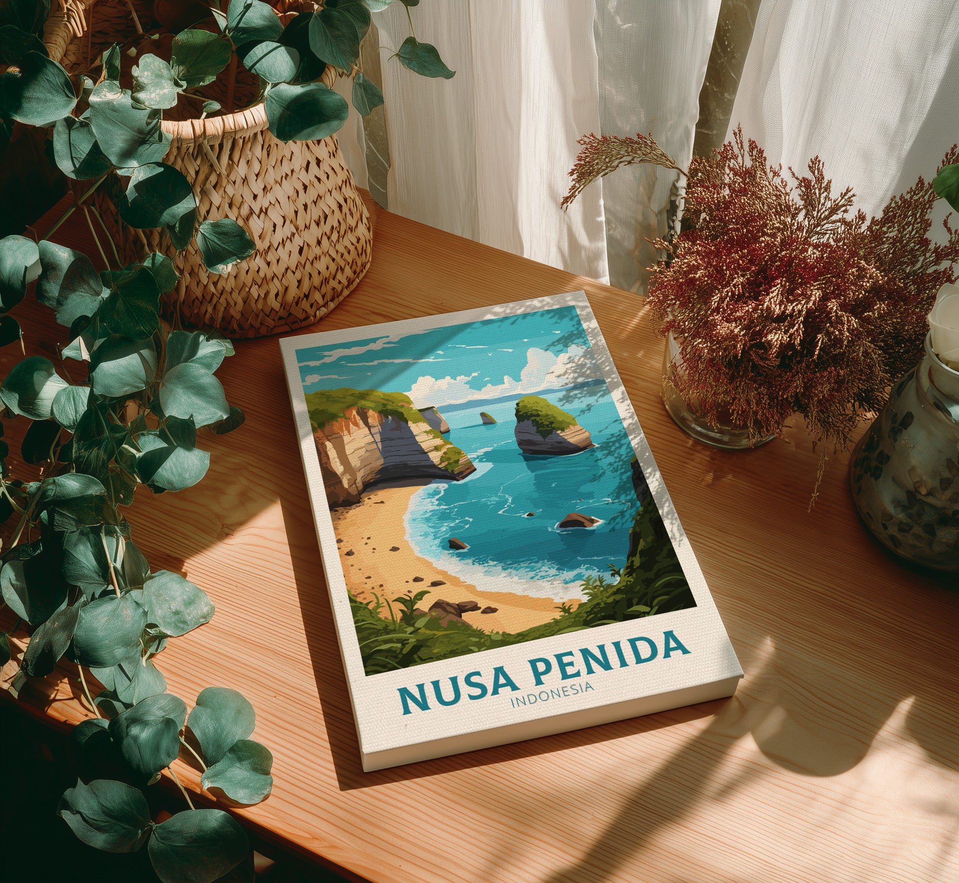 Canvas 'Nusa Penida Indonesia' on a wooden table with plants around