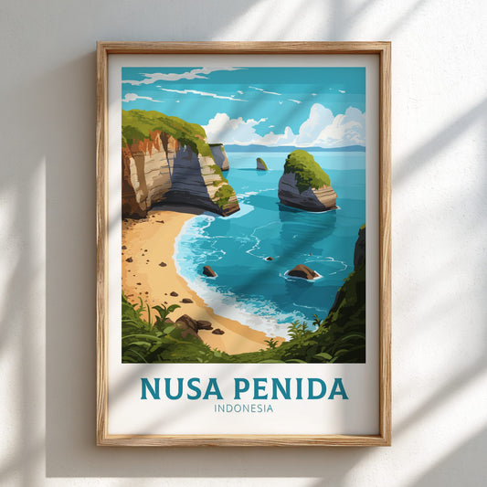 Framed artwork of Nusa Penida, Indonesia with a scenic beach and cliffs.
