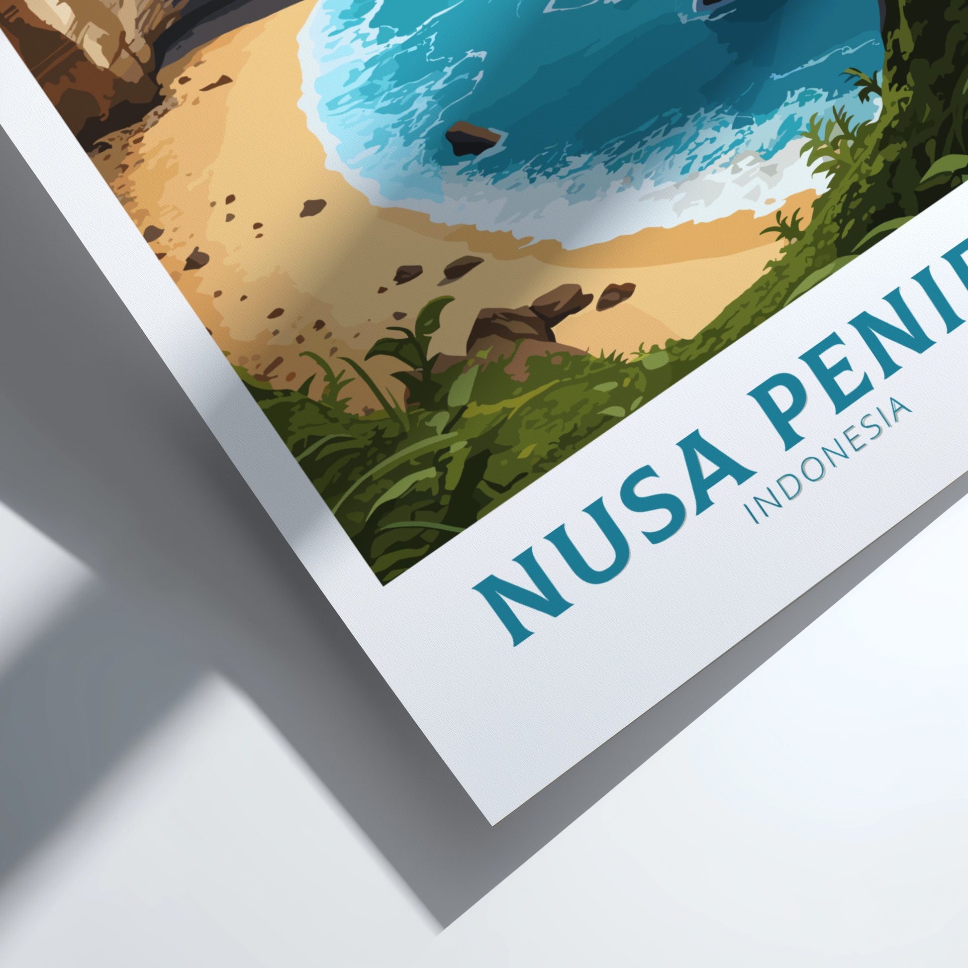 Poster of Nusa Penida, Indonesia with a beach and wave design.