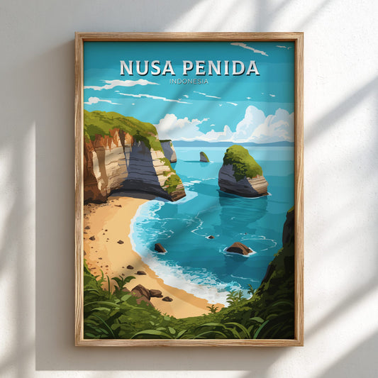Framed artwork of Nusa Penida, Indonesia with a beach and cliffs.