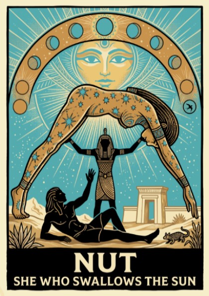Poster of the Egyptian goddess Nut arching over the desert in blue gold