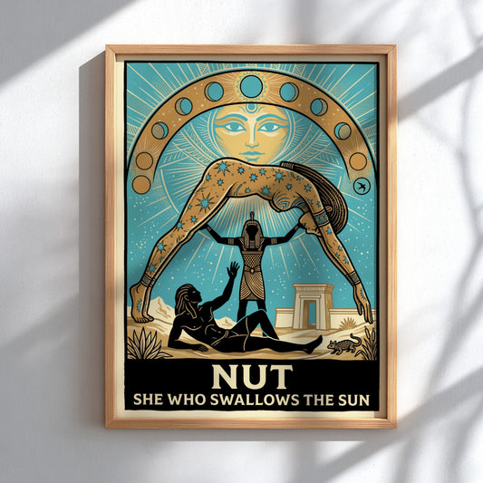Poster of the Egyptian goddess Nut arching over the desert in blue gold