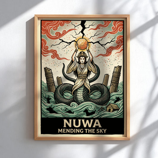 Poster of the goddess Nuwa mending the sky with a serpent tail in terracotta.