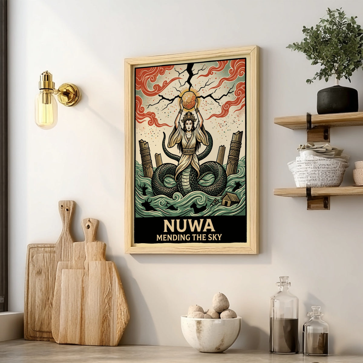 Poster of the goddess Nuwa mending the sky with a serpent tail in terracotta.