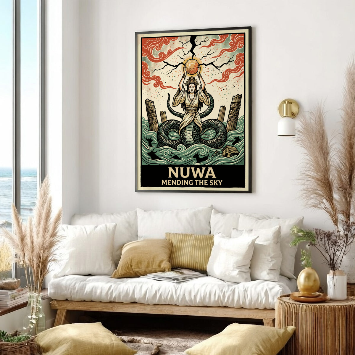 Poster of the goddess Nuwa mending the sky with a serpent tail in terracotta.