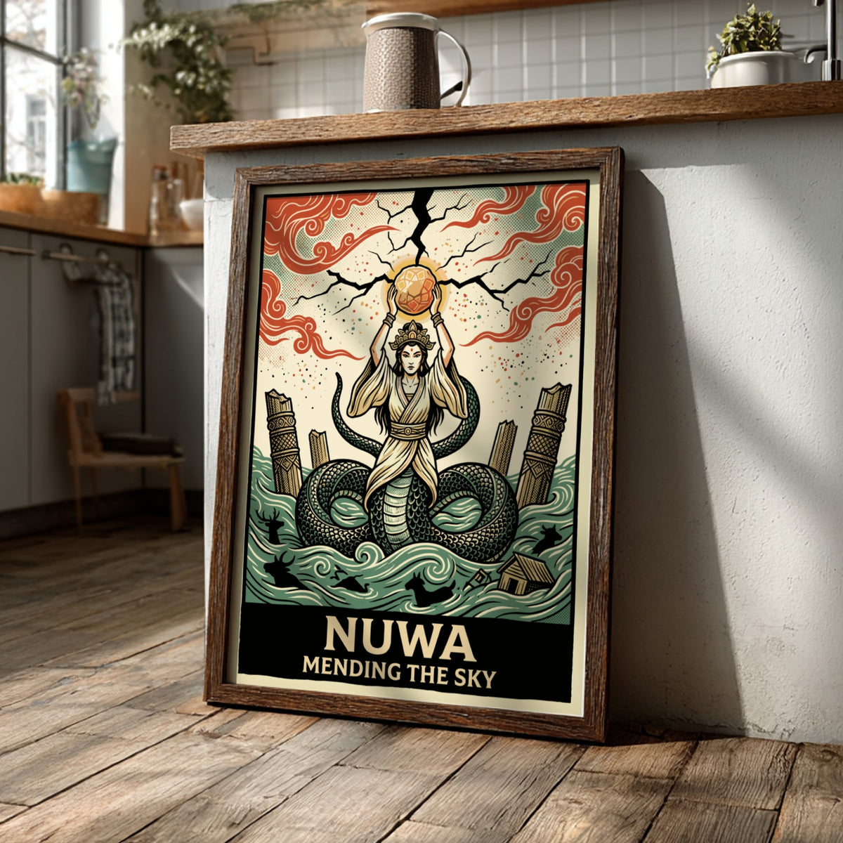 Poster of the goddess Nuwa mending the sky with a serpent tail in terracotta.
