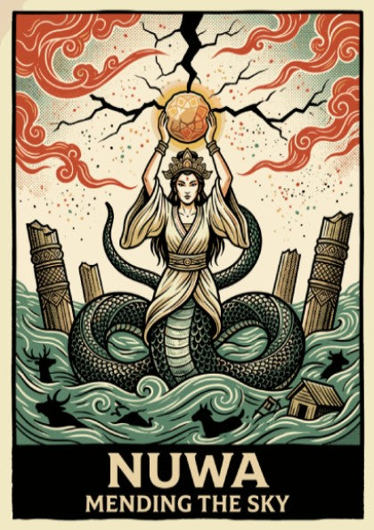 Poster of the goddess Nuwa mending the sky with a serpent tail in terracotta.