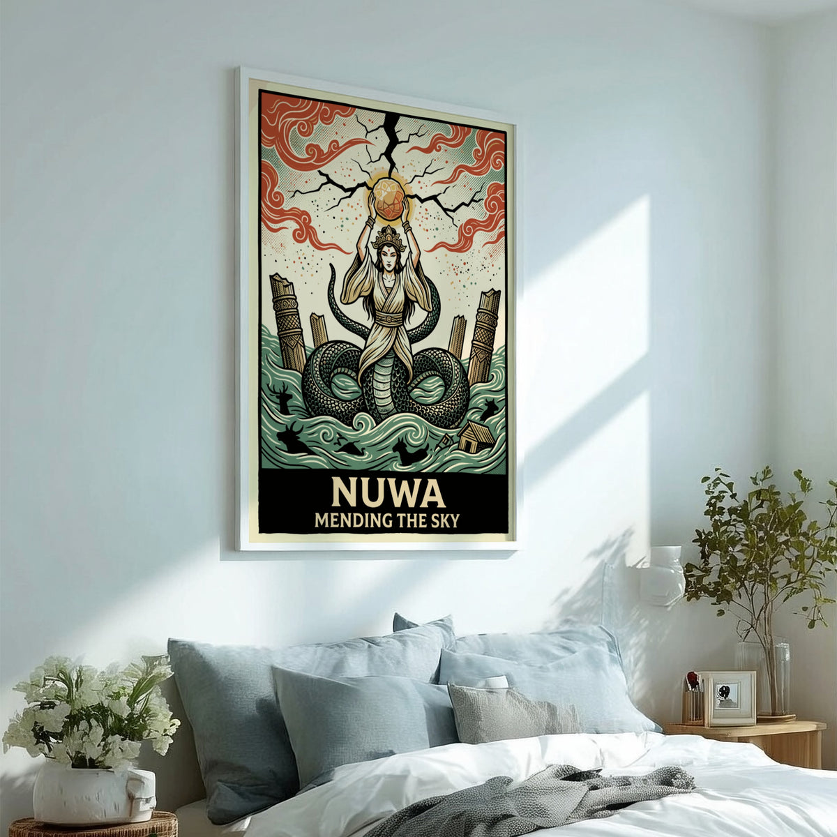 Poster of the goddess Nuwa mending the sky with a serpent tail in terracotta.