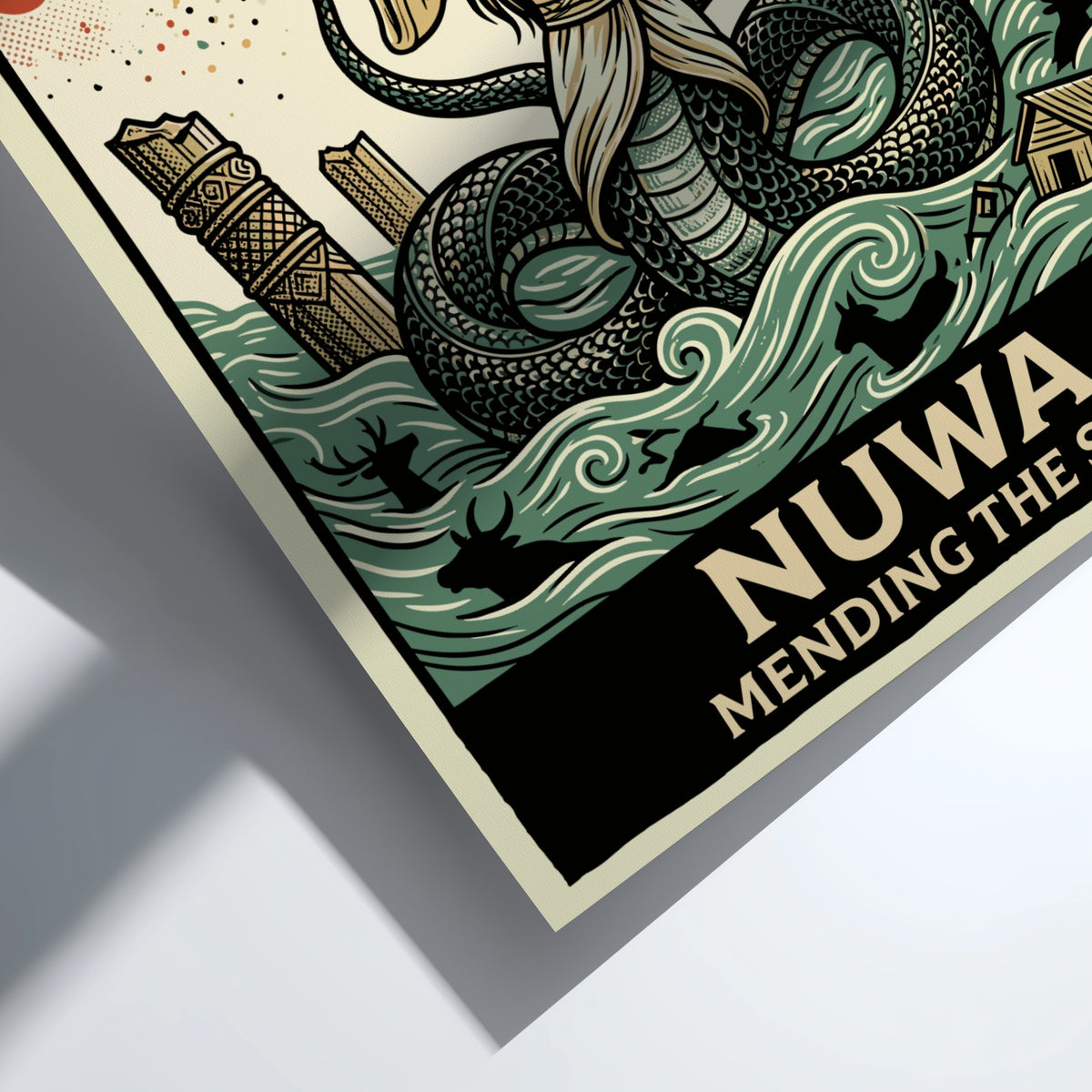 Poster of the goddess Nuwa mending the sky with a serpent tail in terracotta.