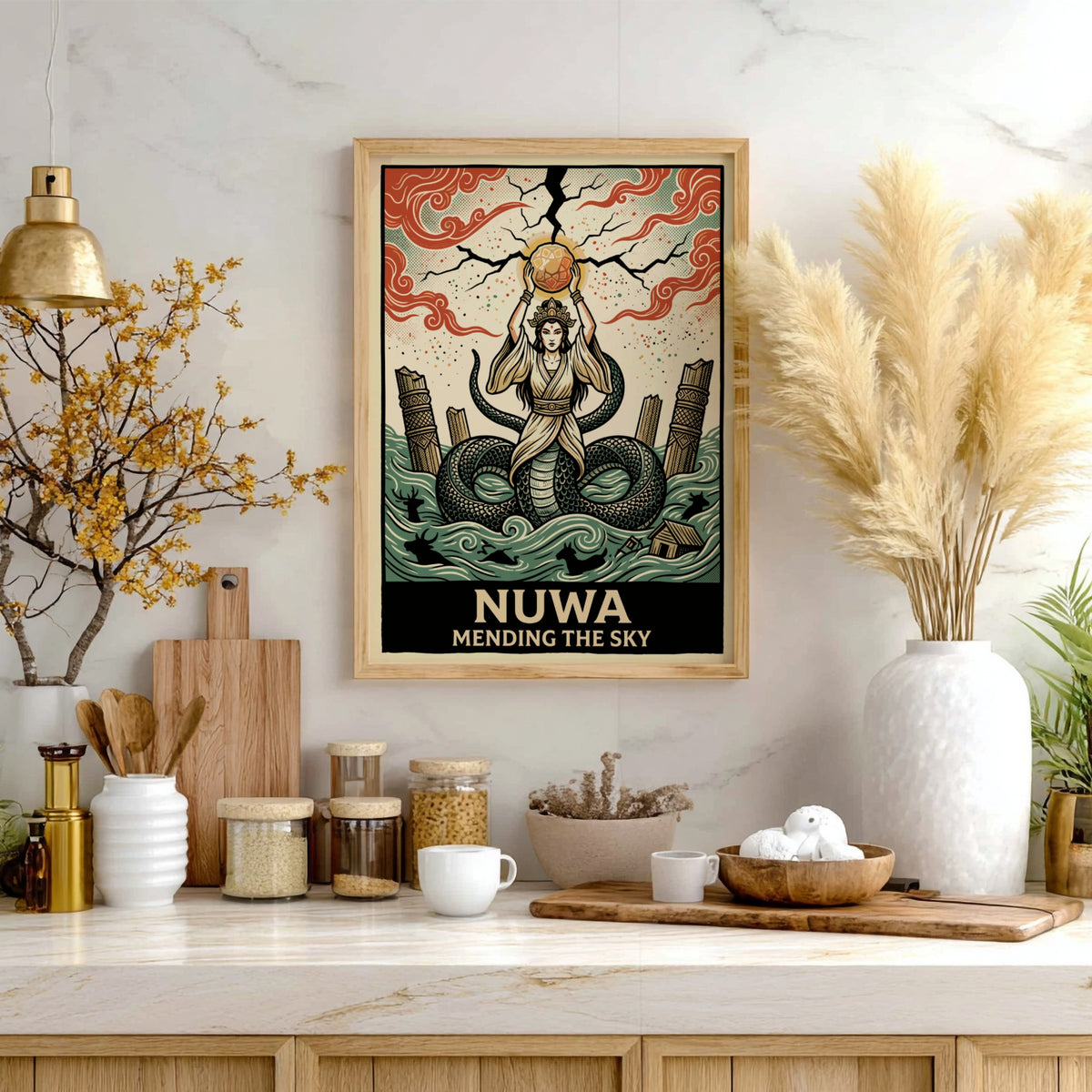 Poster of the goddess Nuwa mending the sky with a serpent tail in terracotta.