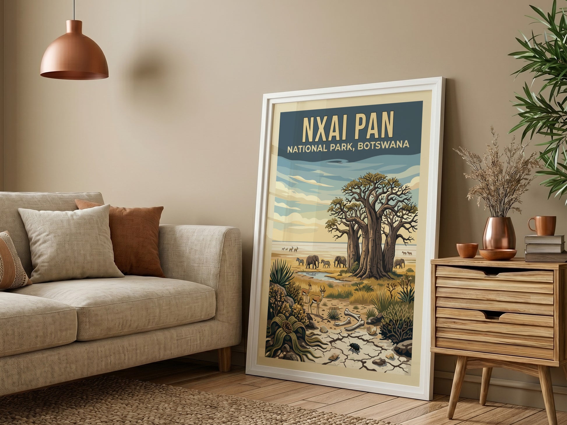 Wildlife poster featuring Nxai Pan National Park, showcasing elephants and baobab trees in earthy tones.