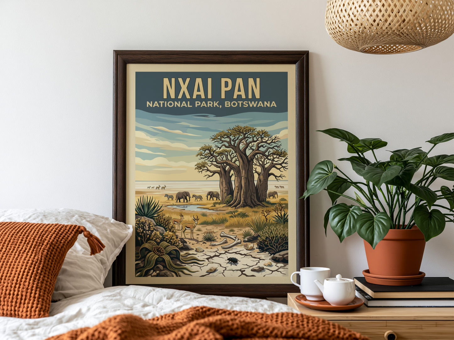 Wildlife poster featuring Nxai Pan National Park, showcasing elephants and baobab trees in earthy tones.