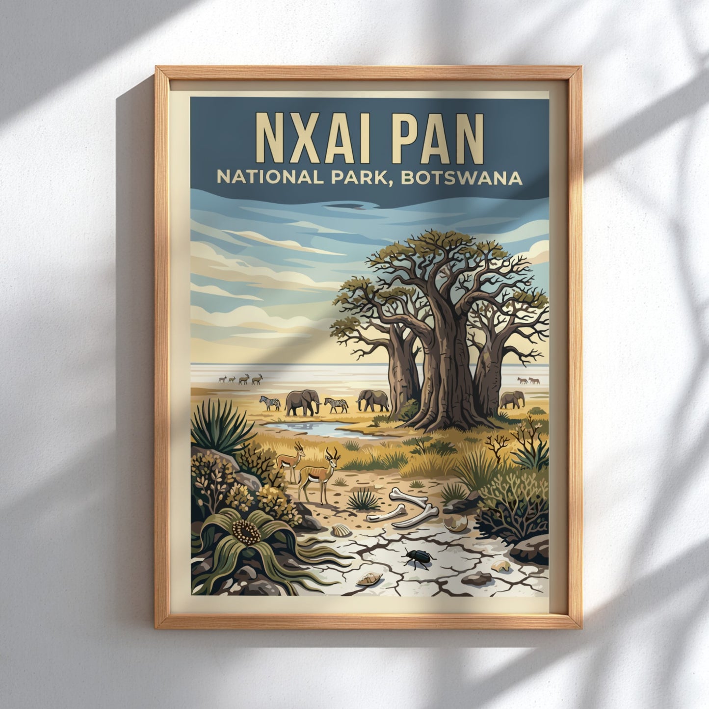 Wildlife poster featuring Nxai Pan National Park, showcasing elephants and baobab trees in earthy tones.
