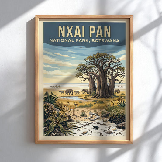 Wildlife poster featuring Nxai Pan National Park, showcasing elephants and baobab trees in earthy tones.