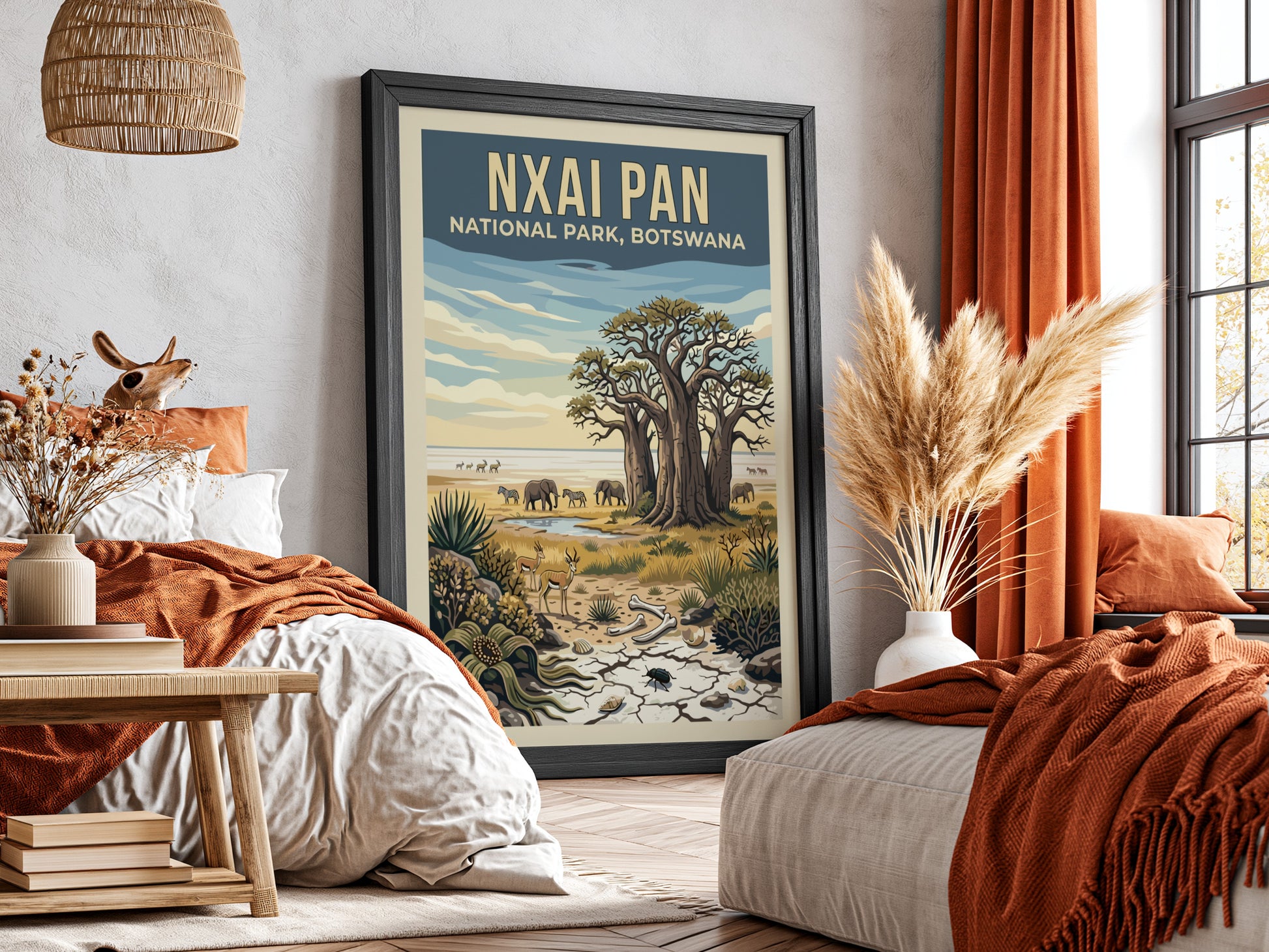 Wildlife poster featuring Nxai Pan National Park, showcasing elephants and baobab trees in earthy tones.