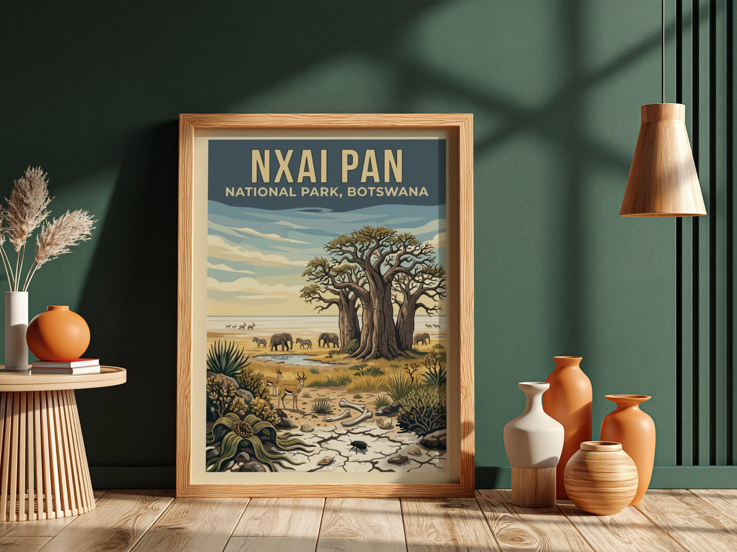 Wildlife poster featuring Nxai Pan National Park, showcasing elephants and baobab trees in earthy tones.