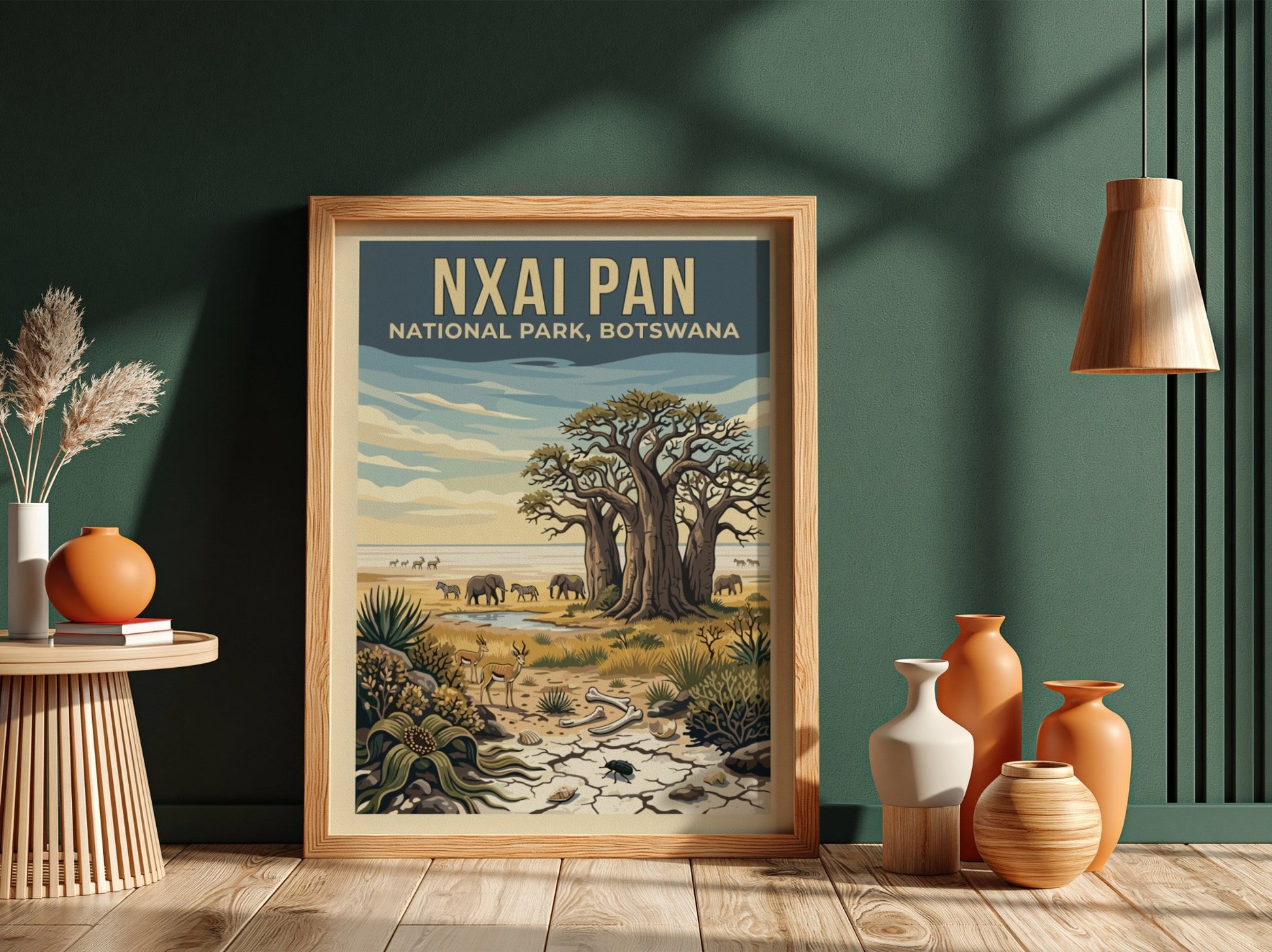 Wildlife poster featuring Nxai Pan National Park, showcasing elephants and baobab trees in earthy tones.
