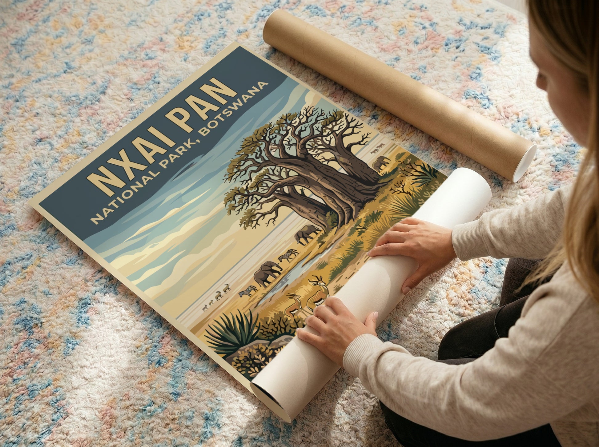 Wildlife poster featuring Nxai Pan National Park, showcasing elephants and baobab trees in earthy tones.