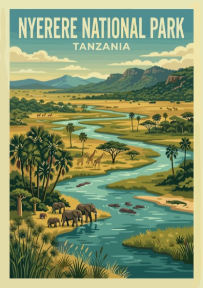 Nyerere National Park poster featuring elephants and vibrant landscape in green and blue tones