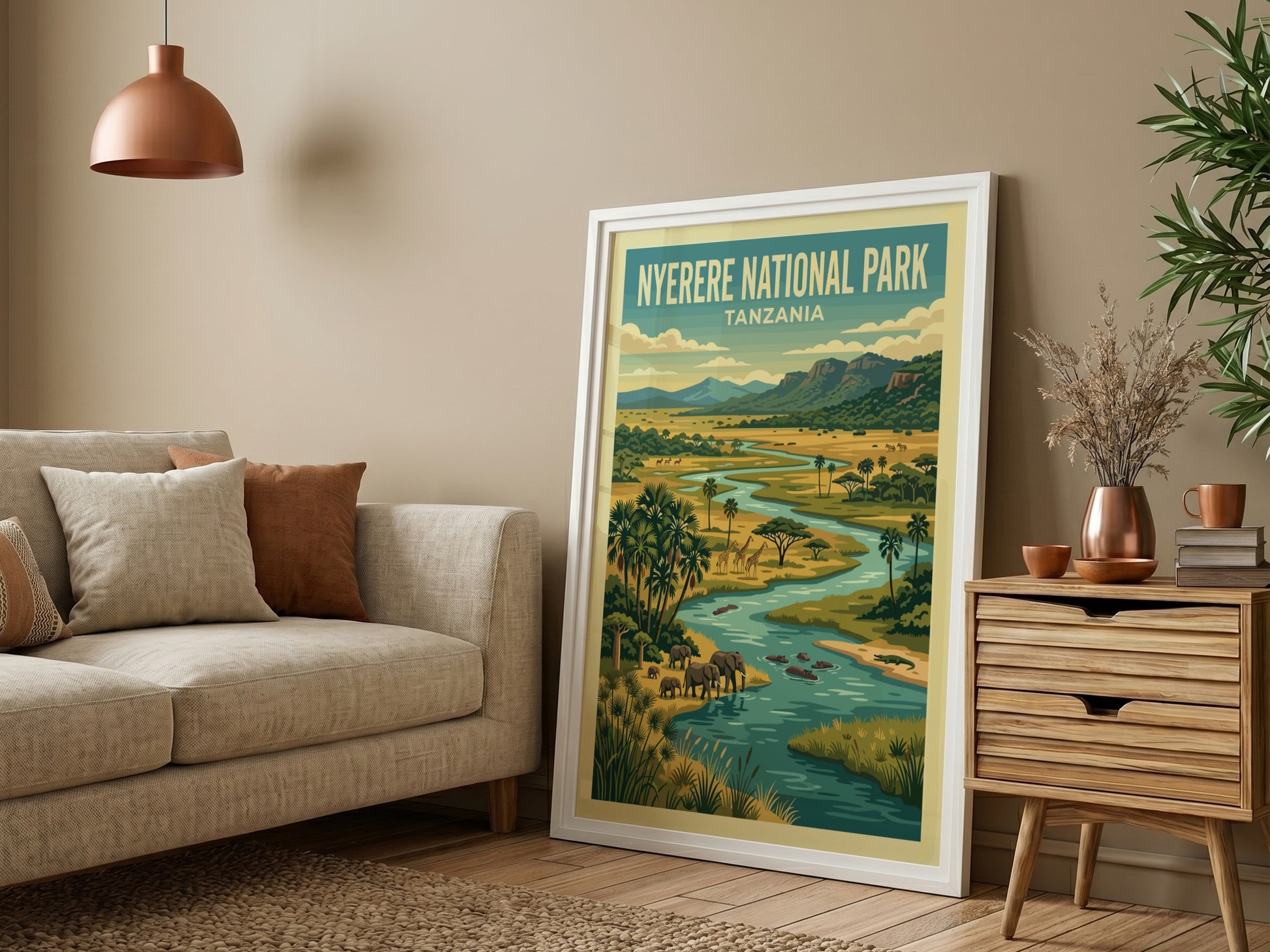 Nyerere National Park poster featuring elephants and vibrant landscape in green and blue tones