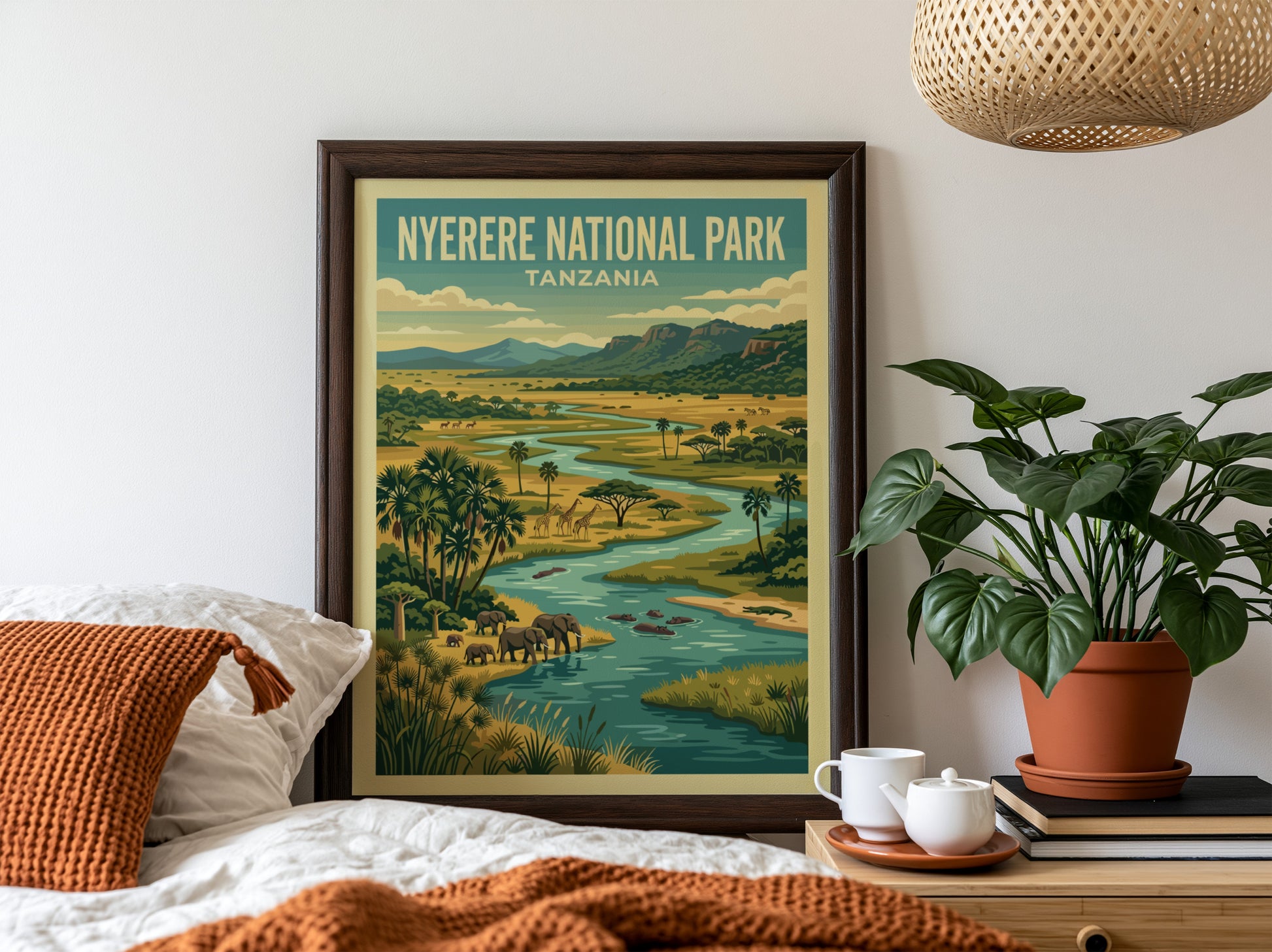 Nyerere National Park poster featuring elephants and vibrant landscape in green and blue tones